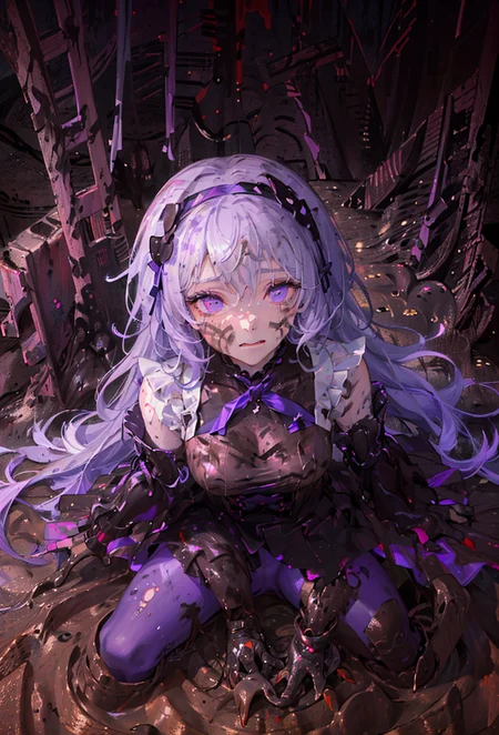 ((((((((covered in mud)))))))),(((((mud))))),(((((dirty))))),(((((messy))))), (((((dirty face))))), (((torn clothes))),((masterpiece)), ((best quality)), ((ultra-detailed)), ((illustration)), Amazing, beautiful detailed eyes, finely detail, (((purple  
 gothic fashion frilled dress))), (((light purple long hair))),(purple eyes), hairband, long sleeves, neck ribbon, puffy sleeves, skirt pleats, dress bow, Medium breasts,(purple leggings:1.3)<lora:vividWatercolorsLora_10:1> <lora:partiallySubmergedInto_partiallySubmerged641:1>