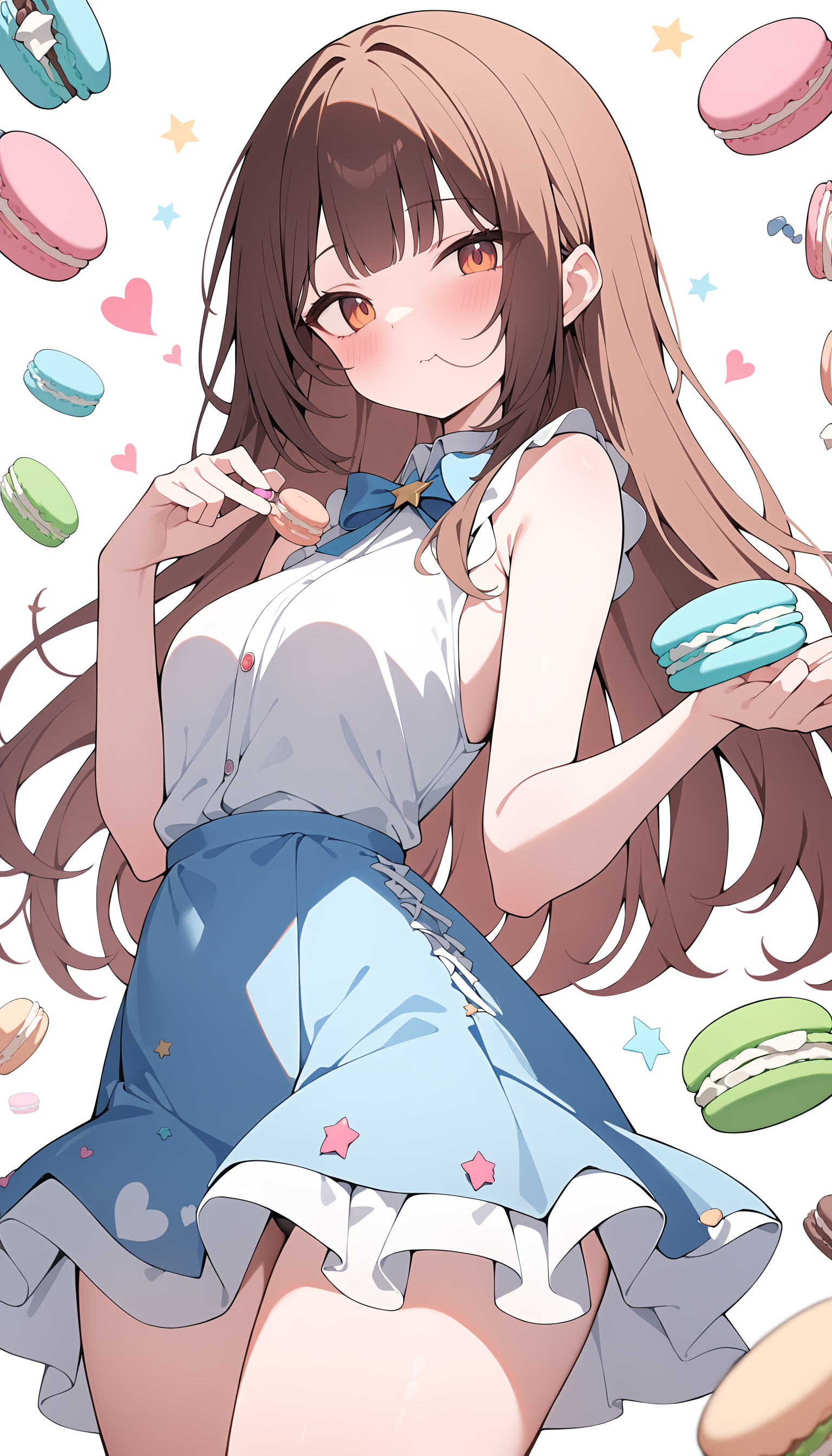 1girl,solo,<lora:hair in mouth_XL_bx-v1.05:1.2>,
blunt bangs,sleeveless,looking at viewer,cowboy shot,white background,wonderland,Minimalism,lots of macarons background,Candy,cake,heart,star,Large amount of macarons,sweets and kawaii and cute,magical effect,
masterpiece,best quality,great quality,newest,recent,absurdres,