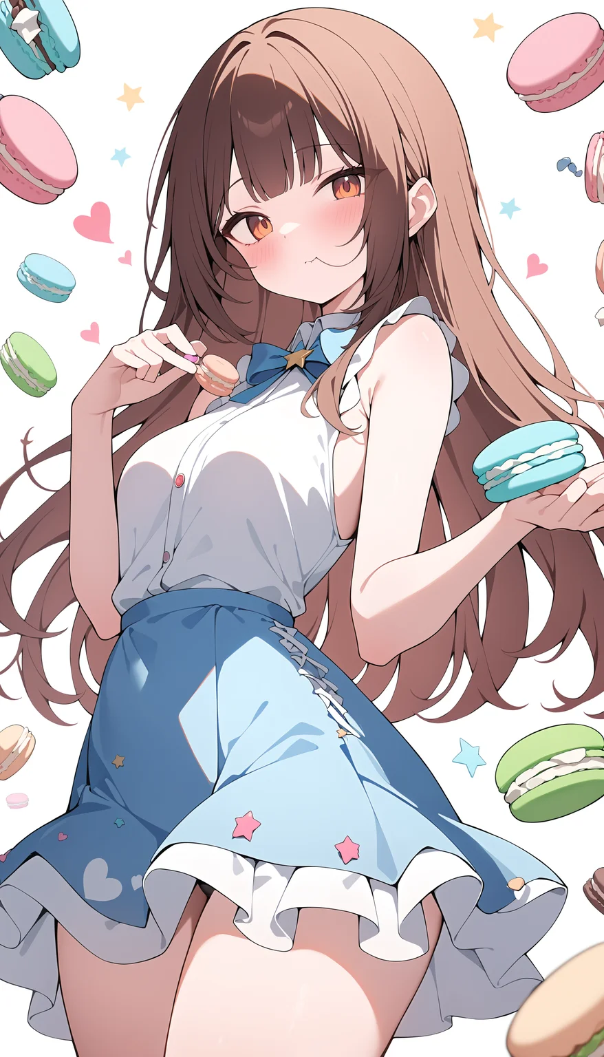 1girl,solo,<lora:hair in mouth_XL_bx-v1.05:1.2>,
blunt bangs,sleeveless,looking at viewer,cowboy shot,white background,wonderland,Minimalism,lots of macarons background,Candy,cake,heart,star,Large amount of macarons,sweets and kawaii and cute,magical effect,
masterpiece,best quality,great quality,newest,recent,absurdres,