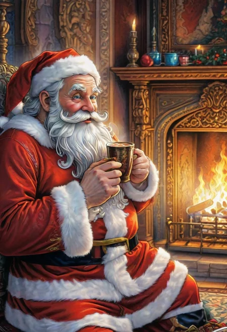santafestivemood, picture of Santa drinking hot chocolate in front of the fireplace, detailed storybook illustration, comic, anime, iridescent colors, highly detailed beautiful details, intricate and ornate, masterpiece, best quality, clean sharp outlines, extremely high contrast, (clean sharp focus:1.4), SFW