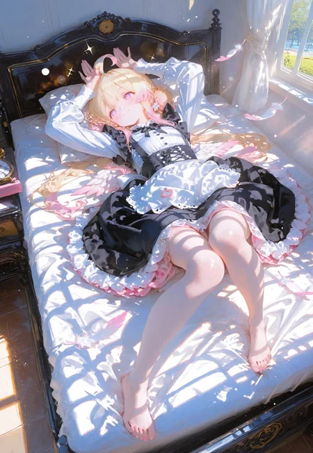 ((lying back on bed,eye level shot,hands above heads,smile,full body,above view, negative space:1.5))
1 girl, short and petite,(blonde hair:1.3), (vibrant pink accents hair:1.1),fair skin,pink eyes, (sparkling eyes:1.1),ahoge,small wings ,floating feathers,(low twintails:1.3)
(Shoulderless sleeve,Black Victorian Maid outfit,hair bun:1.3),(bright victorian bedroom:1.5),(day:1.5)
(Bokeh around character:1.3),(character focus:1.2),((dynamic pose:1.4)),((foreshortening:1.6)),((extreme perspective:1.4))
748cmstyle,Cunnystyle,Smooth_Quality,amazing quality, ((aesthetic:1.3)),(bold lines:1.3),((4k,8k,Ultra HD)),((Masterpiece :1.2)),((Best quality :1.2)),((Detailed :1.5)),((Detailed background :1.5)),