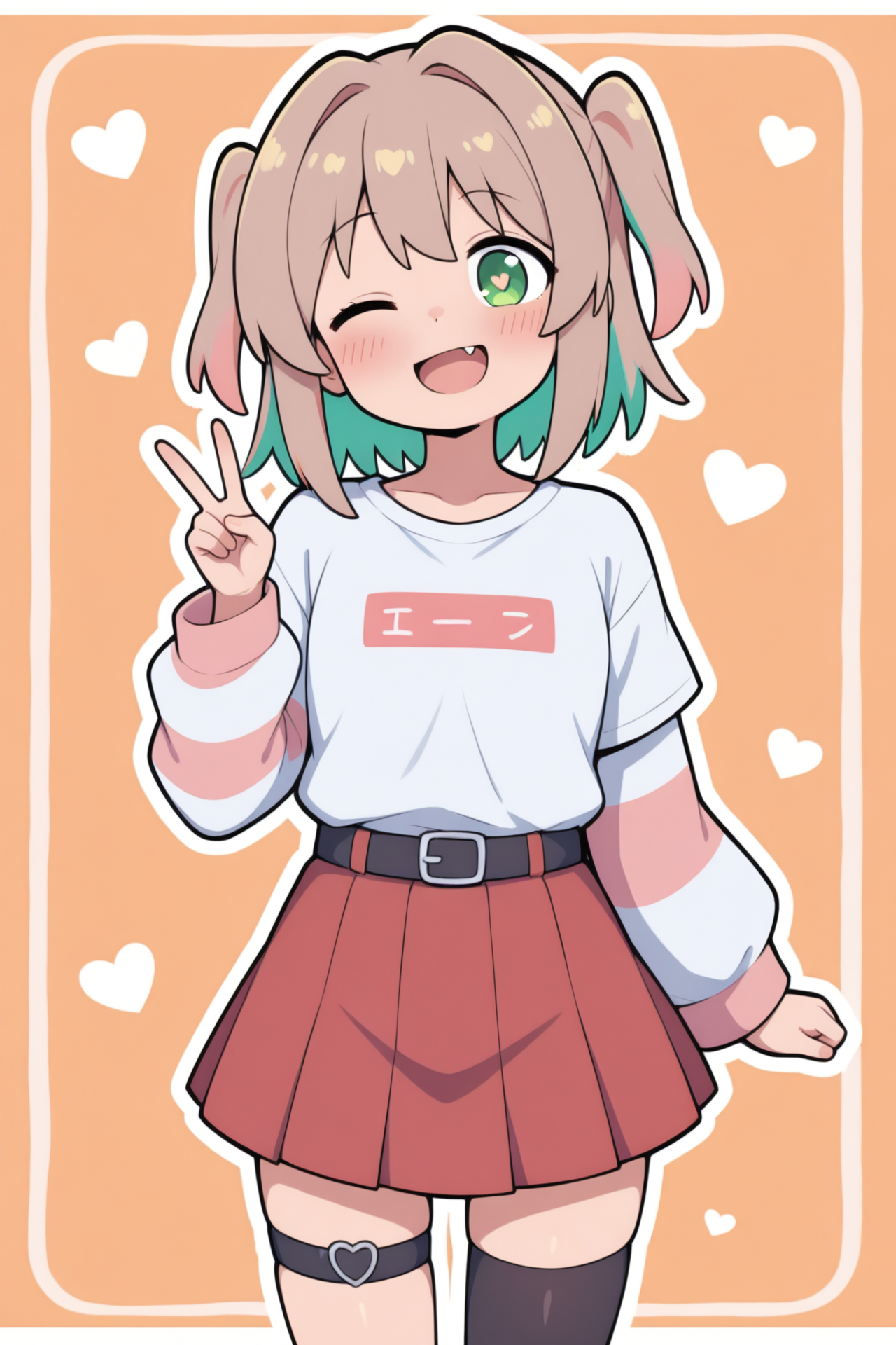 masterpiece,best quality, 
1girl,solo,diamond_\(shape\),fang,long_sleeves,;d,outline,heart,cowboy_shot,bambi2000line,zettai_ryouiki,skirt,open_mouth,symbol-shaped_pupils,v,belt,polka_dot,orange_hair,looking_at_viewer,brown_hair,two_side_up,red_skirt,layered_sleeves,short_over_long_sleeves,highres,thigh_belt,shirt,light_blush,orange_background,short_hair,short_sleeves,star_\(symbol\),single_thighhigh,hair_intakes,miniskirt,thigh_strap,oka_asahi,>_o,colored_inner_hair,smile,multicolored_hair,striped_sleeves,diamond-shaped_pupils,white_outline,simple_background,solo,1girl,t-shirt,onii-chan_wa_oshimai!,two-tone_hair,polka_dot_background,pleated_skirt,thighhighs,one_eye_closed,green_eyes