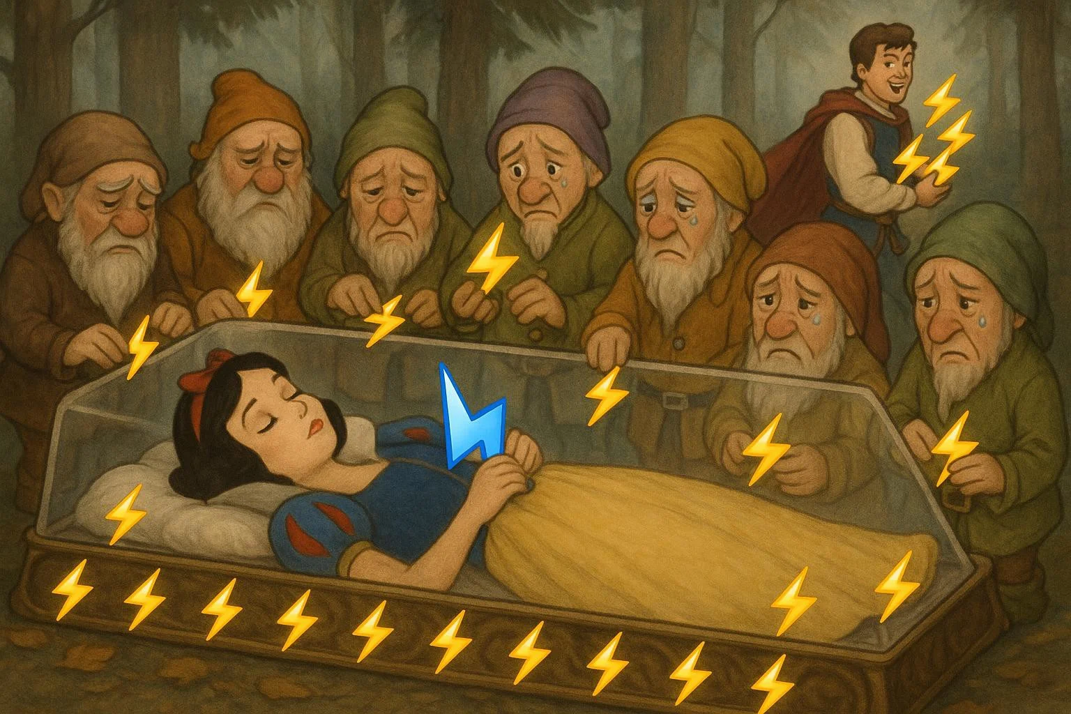 Snow White is lying in a glass coffin decorated with small yellow lightning bolt emojis, apparently lifeless, holding a blue lightning bolt emoji in her hands. Around the coffin, the seven dwarfs are placing more yellow lightning bolt emojis and appear visibly sad. The scene takes place in a forest with soft, melancholic lighting, creating a solemn and emotional farewell atmosphere. In the background, the prince is leaving the scene with a smile on his face, fleeing while carrying several yellow lightning bolt emojis in his arms.