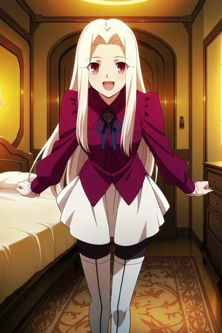 anime screencap, anime coloring, detailed face, masterpiece, best quality, very aesthetic, absurdres, volumetric lighting, official style, amazing quality, ultra detailed, highres, amazing quality, scenery, beautiful detailed hair, beautiful detailed eyes,
<lora:StS-Illustrious-Detail-Slider-v1.0:4>
 <lora:Irisviel_von_Einzbern_FateZero_-_Illustrious_V2:1>
Irisviel von Einzberg (character), irisviel von einzbern, Iris purple clothes (outfit), 1girl, solo, long hair, white hair, red eyes, smiling, happy girl, big smile, directly facing the viewer, looking at the viewer, open mouth, skirt, pantyhose, thighhighs, thigh boots, full body shot, inside a bedroom, girl next to a fancy bed