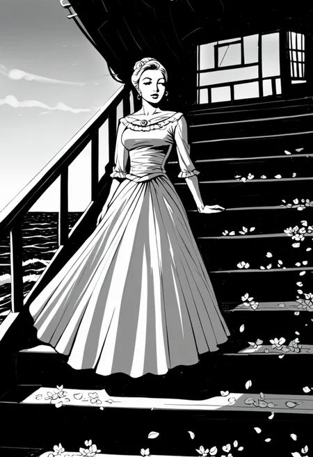 High-detail black and white pencil drawing. A beautiful girl in a magnificent dress made of red flowers descends a staircase. A long train of petals flows behind her. In the background, a seascape at sunset with a ship bearing scarlet sails. Contrasting play of light and shadow emphasizes textures and forms. Wind-blown petals create a dynamic atmosphere. The staircase leads to the sea, symbolizing a transition between worlds. Expressive black and white tones with accents of vivid red on the dress and sails. Style combines realism and romantic fantasy