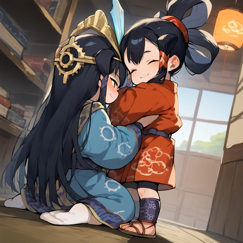 2girls, multiple girls,  score_7_up,  score_8_up,  score_9, source anime, masterpiece,wood floor, inside room, Dutch angle,  wood floor, 
ADDBASE
, <lora:KokorowaHime:1> kokorowahime, long hair, headpiece, kokorowafuku, KokoroGear, geta, platform_footwear, tabi, kid, child, blush, smile,sitting in kneeling position on floor, writing book with brush, from behind, 
ADDCOL
<lora:Sakuna:1> purple eyes, black hair, hair rings, hair tubes, red kimono, japanese clothes, short kimono, bike shorts, wristbands, leg warmers, sandals, child, smile, hug,
