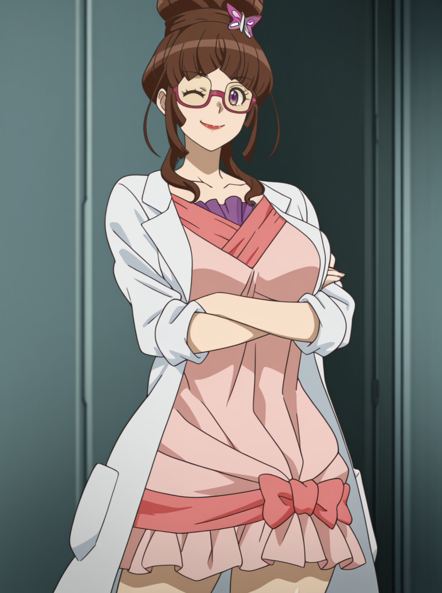masterpiece, best quality, amazing quality, very aesthetic, absurdres, newest,shiny skin,  anime screenshot,  anime coloring,
<lora:Fine:1>1girl, solo, ryokosympho, brown hair, glasses, long hair, single hair bun lipstick, labcoat smile wink  standing crossed arms,