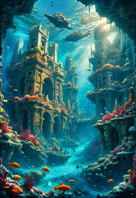 fantasy. a sunken city under water. atlantis. destroyed city.
best quality, ultra-detailed, very aesthetic, illustration, perfect composition, intricate details, absurd, atmospheric lighting, streaks of light
Masterpiece, vibrant colors, very detailed, midjourneyv6.1, detail background,