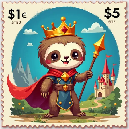 a_ck_postage_stamp_craft, a postage stamp featuring a cute sloth king hero with crown and magic robe, holding a magic staff,beautiful castle in the background, price 1$,
big blue circle is centered on the background