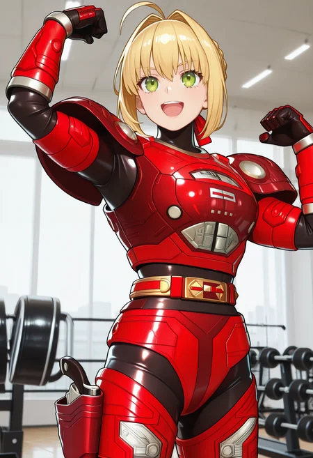 1girl, solo, R3ddle, armor, red armor, bodysuit, shoulder pad, gloves, belt, holster, shiny clothes,(nero claudius (fate):0.9), blonde hair, green eyes, flexing, looking at veiwer, smile, open mouth, covered neck, black neck, cowboy shot,
indoors, gym,
best quality, very aesthetic, masterpiece,