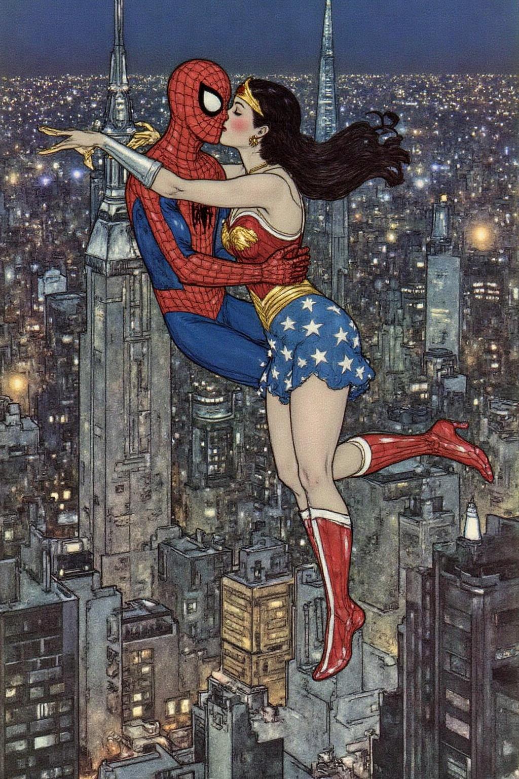 dulac1 illustration. Spider-man and Wonder Woman, kissing, floating above Shanghai <lora:dulac2_cap_d6a3e15:1.0><lora:816557103834561772:0>