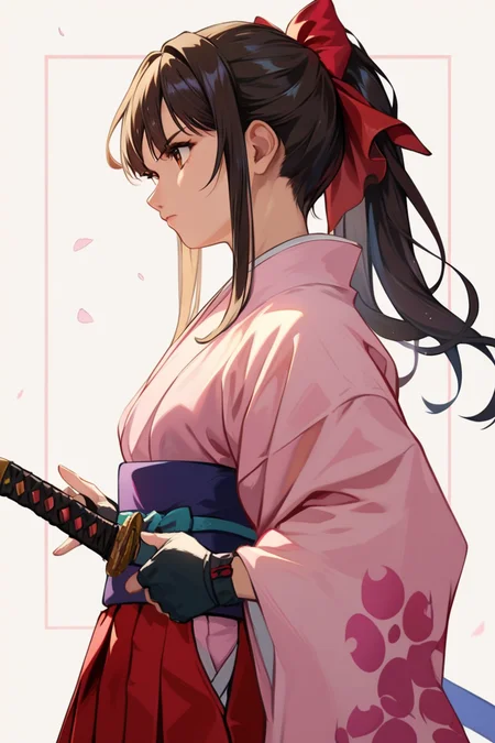 score_9, score_8_up, score_7_up, very aesthetic, source_anime, detailed, high quality, beautiful, masterpiece, detailed eyes,
simple background, blurry background,
<lora:lightXL:0.8>
cowboy shot, from side,
holding katana, unsheathing,
serious,
<lora:sakuraS_autismConfetti_v01:0.95>
sakurabase, black hair, hair ribbon, red bow, brown hair, sidelocks, bangs, ponytail
japanese clothes, red hakama, pink kimono, meiji schoolgirl uniform, purple sash, fingerless gloves, green obijime,, zPDXL