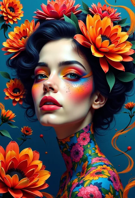 A fantasy artwork with realistic elements features a woman adorned with vibrant, colorful makeup, inspired by layered abstractions. Her face is a blend of graceful and emotive features. The piece is enveloped in a gentle focus, highlighting the nuanced details and elegance of her visage. Swirling patterns encircle her, seamlessly integrating into the artwork, guided by a deliberately balanced and harmonious color palette. The overall ambiance conveys a sense of mystery and artistic refinement.