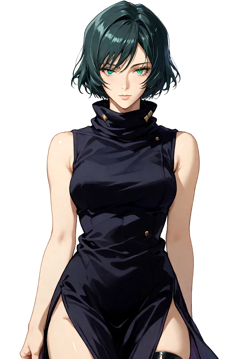 1girl, zenin mai, black hair, green eyes, black dress, sleeveless dress, turtleneck, side slit, thigh strap, bare shoulders, simple background:1.2, white background,