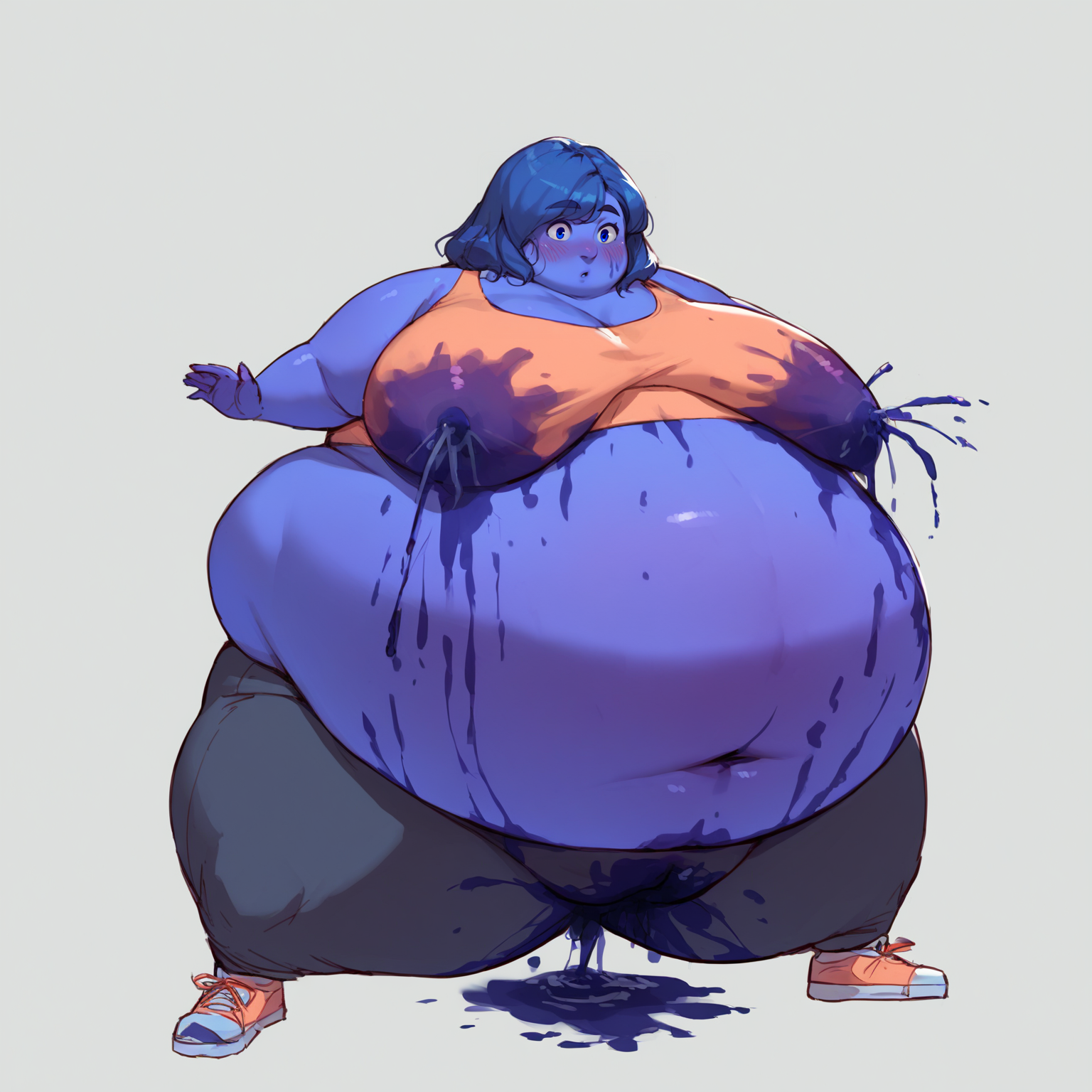 <lora:blueberry_pony_01a05-000019:1>
source_anime, score_9, score_8_up, score_7_up,
solo, 1girl, full blueberry inflation, colored skin, purple skin, fat, fat rolls, full body, simple background, blush, big belly, 
surprised, weight conscious, blue eyes, blue hair, navel, midriff, crop top, taut clothes, sneakers, sagging breasts, lactation, lactation through clothes, pussy juice stain, pussy juice trail, sitting