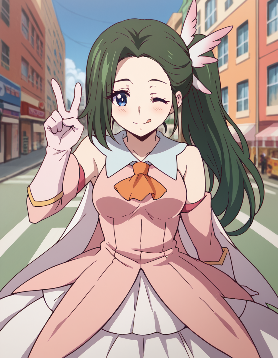 score_9, score_8_up, score_7_up, source_anime, <lora:haruhiko-mother-s1-ponyxl-lora-nochekaiser:1>, haruhiko mother, long hair, blue eyes, ponytail, green hair, medium breasts,, <lora:prisma-illya-cosplay-ponyxl-lora-nochekaiser:1>, prismaillyacosplay, prisma illya (cosplay), dress, elbow gloves, feather hair ornament, feathers, frilled dress, frills, gloves, hair ornament, layered gloves, magical girl, orange ascot, pink dress, pink feathers, pink gloves, pink sleeves, white gloves,, cityscape, street, smile, blush, v, v over eye, one eye closed, tongue out, , dutch angle, cowboy shot