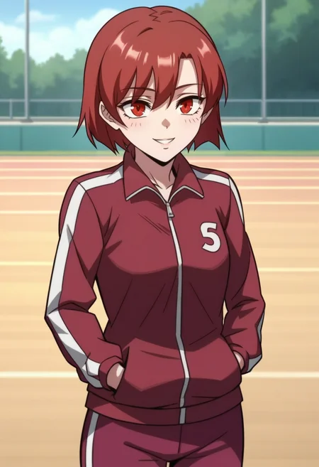 score_9, score_8_up, score_7_up, source_anime,anime screencap, anime coloring,intricate details,rating_safe, masterpiece, best quality,
(best quality, absurd res, ultra detailed),1girl, ((solo)), good eyes,perfect eyes,,detailed eyes, zPDXLxxx , zPDXL3,detailed, detailed face, <lora:add-detail-xl:3>,
BREAK
<lora:Chloe:0.8>, Chloe, 1girl, red eyes, red hair, 
short hair, ,
track suit, track jacket, track pants,
BREAK
solo, standing, 
smirk,