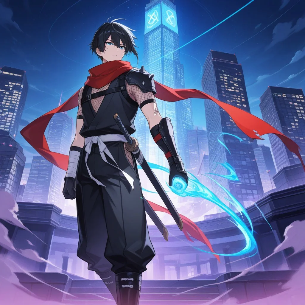 score_9, score_8_up, score_7_up, score_6_up, highly detailed, masterpiece, best quality, detailed, intricate details, amazing quality, best aesthetic, absurdres, source_anime, male focus, 1boy, red scarf, shoulder armor, ninja, gauntlets, fishnets, vambraces, black gloves, tabi,, bandaged arm, black hair, blue eyes, male focus, yellow scarf, tattoo, short hair, magic, wind, skyscraper, neon light, starry, edge, tile, outdoor, cloud, masterpiece, best quality, ultra-detailed, illustration, an extremely delicate and beautiful, beautiful detailed eyes,unity 8k wallpaper, high resolution, anime CG, official_art,