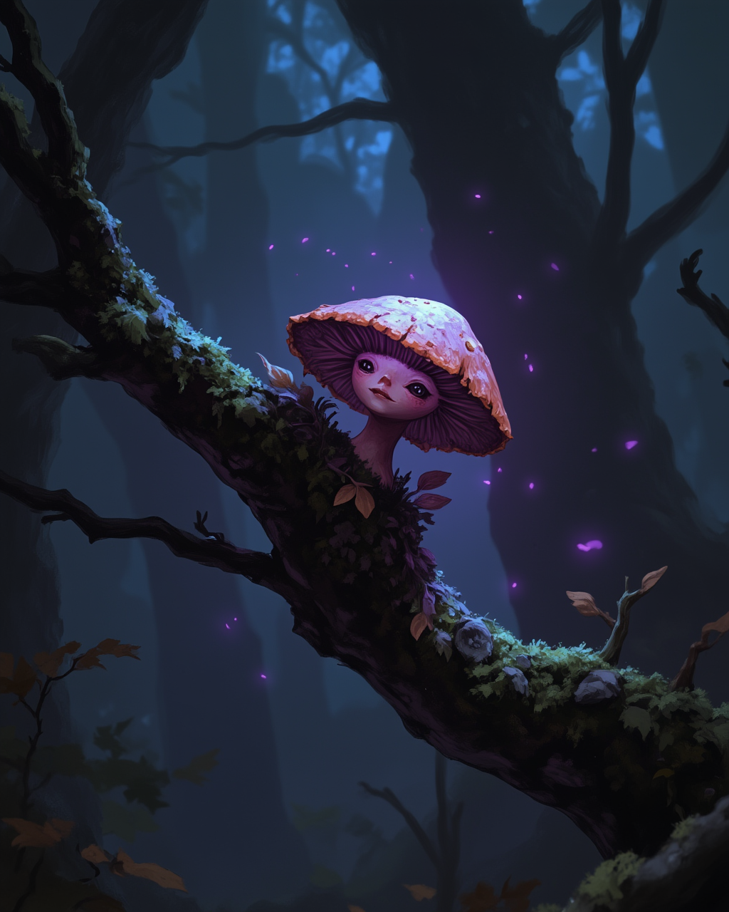wc1dnd_style, in the style of cksc, Digital painting, a minuscule mushroom-like creature with a rounded cap glowing faintly purple, its tiny tendrils curled around a mossy branch. The soft light of a glowing fungus nearby illuminates its simple, curious face, and faint motes of dust dance in the air around it.
 <lora:Flux.Digital_Painting_DnD:1> <lora:ck-shadow-circuit-000021:0.4>