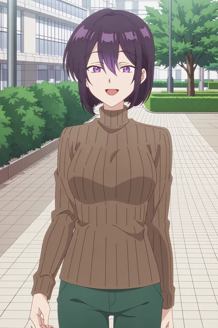 anime screencap, anime coloring, detailed face, masterpiece, best quality, very aesthetic, absurdres, volumetric lighting,
outside, at a park, trees, bush,
 <lora:Motoko_Izumi_Shikimoris_Not_Just_a_Cutie:1>
Motoko Izumi (character), 1girl, solo, sweater, purple eyes, alternate hair length, short hair, bob cut, brown ribbed sweater, open mouth, purple hair, happy girl, green pants, cowboy shot, :D