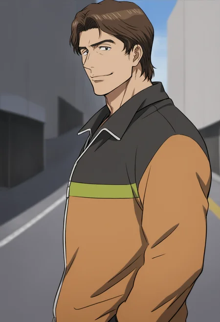 1boy, miki_kiseijuu,  brown hair, black eyes. black under shirt, orange jacket, score_8_up, score_7_up, score_6_up, score_9, a muscular man at street scenery, building, sunny, sky, standing, (manly),face_focus, mddle-age man, muscular,stocky body,,looking at viewer, detailed eyes, 8k uhd, high quality, standing, side view, smile