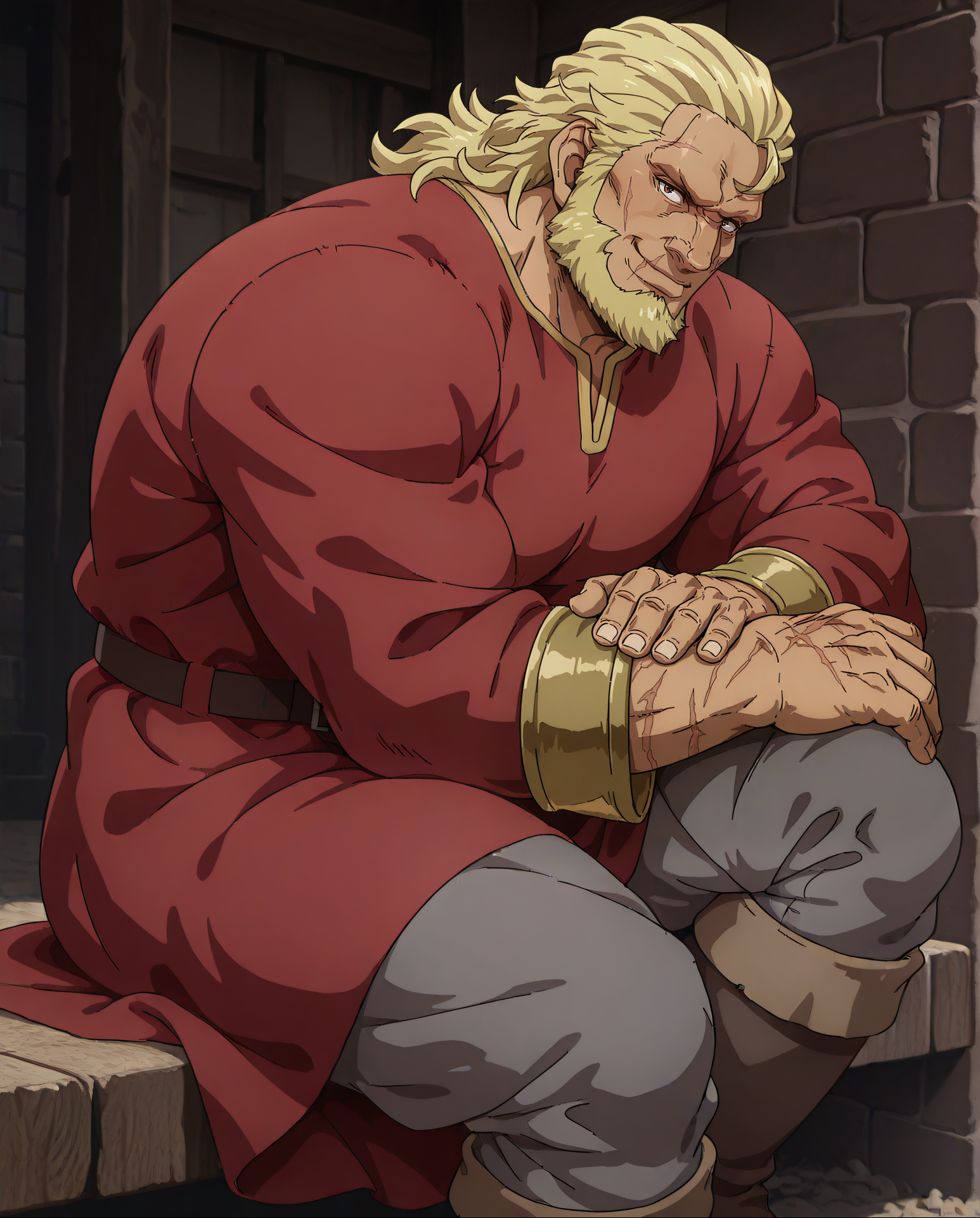 th0rgil, bara, muscular, male focus, solo, blonde hair, medium hair, brown eyes, scar on mouth, scar across eye, no eyebrows, beard, red tunic, long sleeves, grey pants, knee boots, looking to the side, smiling at viewer, simple background