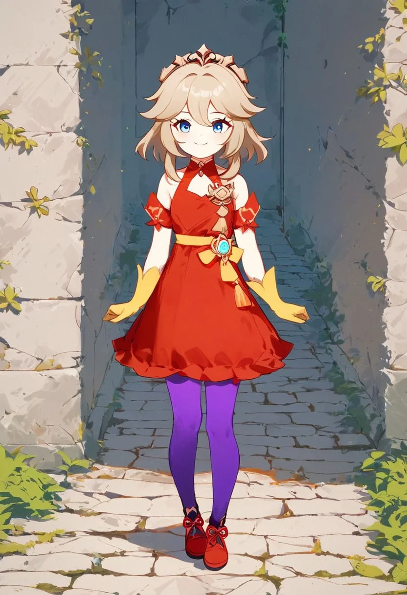Score_9, score_8_up, score_7_up, Genshin Impact Style, source_anime, stone courtyard, 1girl, solo, standing next to giant fire slug
Light brown hair, flat hair, flat trimmed bangs, staring at viewer, facing viewer, blue eyes, proud, smiling, short, red small tiara, red dress, red shirt, orange sash, yellow silk gloves, purple legs, red dress shoes, red to pink gradient ribbons on shoulders