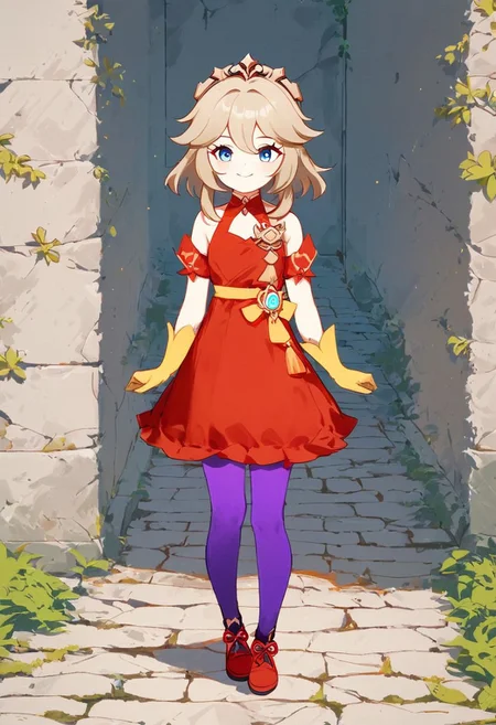 Score_9, score_8_up, score_7_up, Genshin Impact Style, source_anime, stone courtyard, 1girl, solo, standing next to giant fire slug
Light brown hair, flat hair, flat trimmed bangs, staring at viewer, facing viewer, blue eyes, proud, smiling, short, red small tiara, red dress, red shirt, orange sash, yellow silk gloves, purple legs, red dress shoes, red to pink gradient ribbons on shoulders