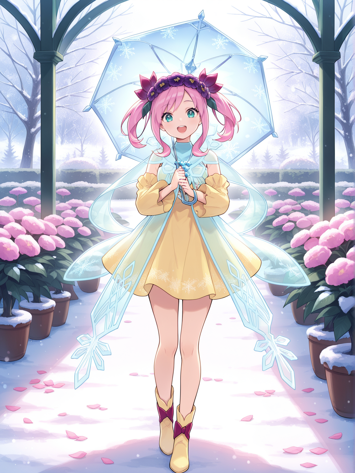 1girl, rikka queen strenna, solo, open mouth, smile,  full body, looking at viewer, teeth, :d, upper teeth only, snowflakes, musical note, sidelocks, standing, purple hair flower, see-through cape, yellow detached sleeves, yellow strapless dress, yellow boots, holding crystal umbrella, crystal umbrella,winter,garden,pink petals,
masterpiece,best quality,amazing quality,very aesthetic,absurdres,newest,<lora:Rikka Queen Strenna illusXL v1.1:0.7>,