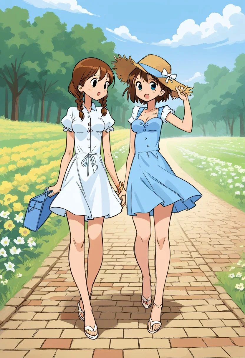 score_9, score_8, score_7, score_6, source_comic, Boli style,
1girl, 19yo, Dorothy petite body, short stature, perky breasts, unbuttoned dress, freckles, brown hair, two braids, straw hat, ,
backround; yellow brick road, flower field, sunny day