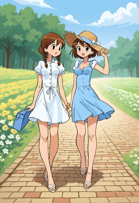 score_9, score_8, score_7, score_6, source_comic, Boli style,
1girl, 19yo, Dorothy petite body, short stature, perky breasts, unbuttoned dress, freckles, brown hair, two braids, straw hat, ,
backround; yellow brick road, flower field, sunny day