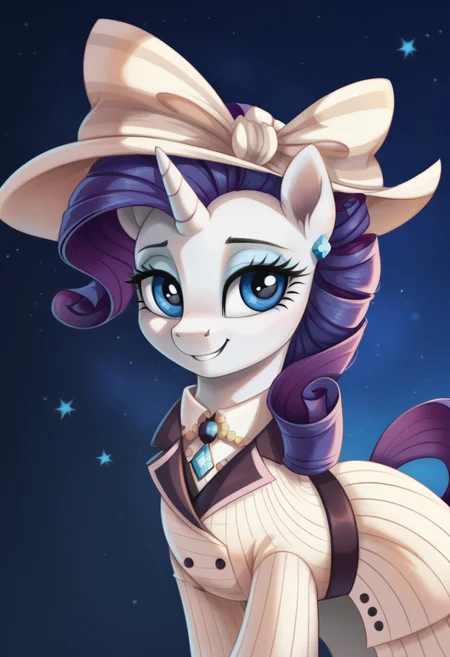 score_9,score_8_up,score_7_up,score_6_up,score_5_up,score_4_up,my little pony,((feral pony)),1girl,((solo)),(sexy),beautifully detailed,(detailed cute pony face),((detailed blue starry background:1.5)),((woman)),high angle,(cute smile:1),((up-close)) 1girl,((solo)),(sexy),full body,<lora:titanic:0.9>,Rarity,titanic,an elegant white striped dress with lilac details,a pink lilac hat with a wide brim decorated with a pink bow,earrings with blue stones,a pink tie with a blue crysta,
<lora:OtherStyle_01:1>,<lora:Wholesome_MLP-v1.0:1>,