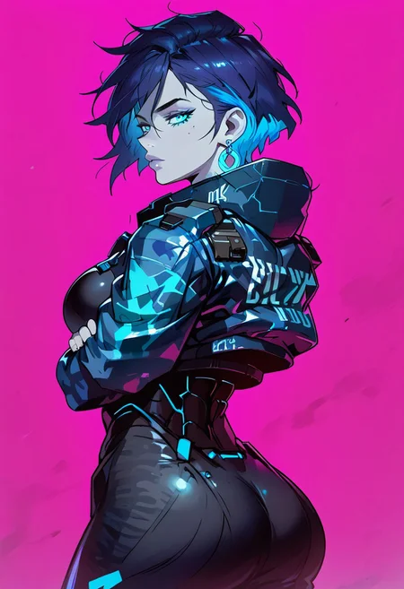 score_9, score_8_up, score_7_up, (((daytime, pink lighting)), (scifi, parking lot), young woman, pale skin, blues eyes, glowing eyes, detailed face, (seductive expression), Expressiveh, (blue star earrings), large breasts, (multi colored hair, streaked hair, dark blue hair, dark purple hair), (blue colored inner hair), short hair, messy hair, (purple and blue camouflage armored jacket), (standing, arms crossed) (city), (depth of field, rear view)