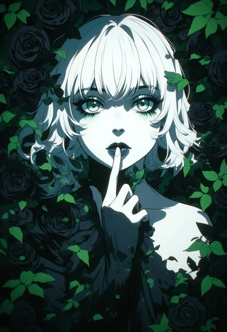 An Acrylic style painting that is expressive, gives it a dynamic and emotional quality. Anime art of a stylized portrait of a woman with a ethereal black and green mist surrounding her body. The mist creates a dramatic and surreal effect. The woman has a cold aesthetic, complimented by her white hair. Anime art of woman draped in shadows with a lighting that enhances her unique features.
The background is dark green, filled with black rose petals.
Holding finger to lips, shush, shushing motion,