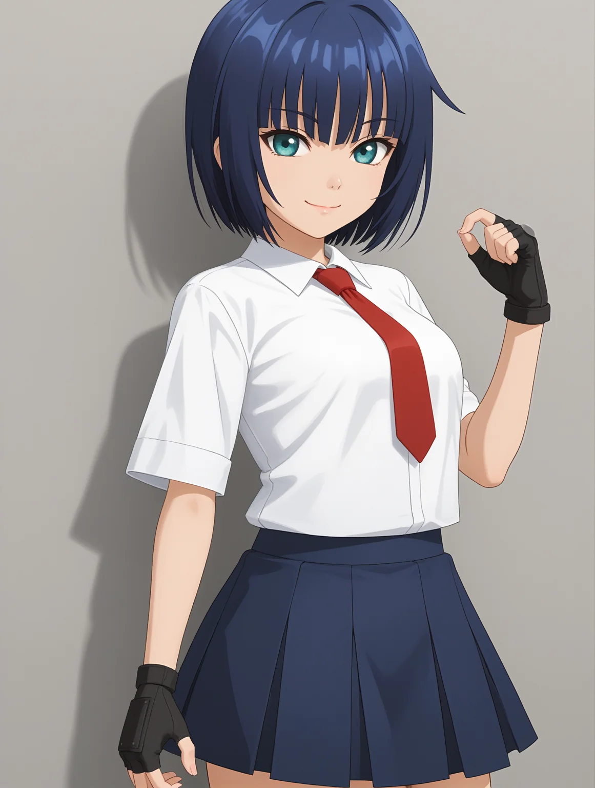 score_9, score_8_up, score_7_up,
1girl,solo,
<lora:nishinojoumion.pony.v1:0.45> nishinojou mion, blue hair, 1girl, azure eyes,
white shirt, red necktie,
fingerless gloves,
blue skirt,
light smile, closed mouth,