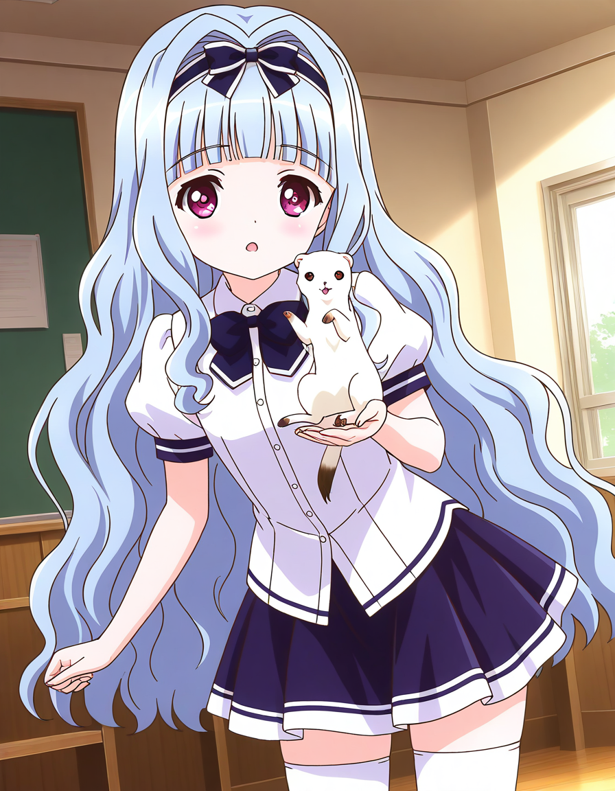 general,highres, ultra-detailed,very aesthetic,best quality ,best hands,  BREAK <lora:Watayuki_BP_IS:1>Watayuki(BP), 1girl,solo, hairband, very long hair, hair bow, purple eyes,  hair intakes, light blue hair, blunt bangs, wavy hair,
 thighhighs, school uniform, skirt, white thighhighs, bow, zettai ryouiki, ribbon, indoors, short sleeves, shirt, 
open mouth, pink eyes, white shirt, puffy sleeves, looking at viewer, miniskirt,
animal,  white_ferret,