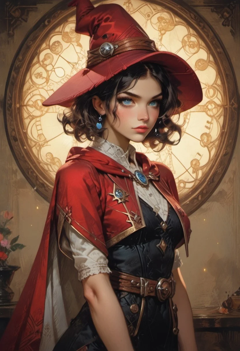 score_9, score_8_up, score_7_up, ((waist-up portrait, kneeling, face focus, eye focus, dynamic angle, motion)), 1girl, fantasy, (ph4nt0m01l), (Tarot Card Style), witchkiri, (sexy witch costume), (witch hat), lace, cape, breathless intimacy, tanned skin, petite model bombshell, heart, young, delicate features, narrow pointy nose, tiny nose, brown hair, medium length hair, bob cut, lust, big eyes, seductive eyes, blue eyes, detailed skin, flared lashes, mascara, makeup, perky medium breasts, athletic body, narrow waist, skinny hips,
warm light, detailed, neon dark party, candles, ((occult))
BREAK
milky way, runes, arcane, astral, surreal, ethereal glow, masterpiece, best quality, intricate design. colorful, moonlit nightsky, stained glass aesthetic, moody whimsical color palette, murano glass, bold soldering lines, volumetric light shining through, crepuscular rays, intricate craftsmanship, detailed texture, luminous transparency, reflective light play, vivid hues, atmospheric depth, enchanting silhouette, art nouveau,