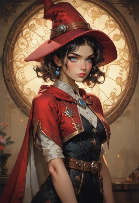 score_9, score_8_up, score_7_up, ((waist-up portrait, kneeling, face focus, eye focus, dynamic angle, motion)), 1girl, fantasy, (ph4nt0m01l), (Tarot Card Style), witchkiri, (sexy witch costume), (witch hat), lace, cape, breathless intimacy, tanned skin, petite model bombshell, heart, young, delicate features, narrow pointy nose, tiny nose, brown hair, medium length hair, bob cut, lust, big eyes, seductive eyes, blue eyes, detailed skin, flared lashes, mascara, makeup, perky medium breasts, athletic body, narrow waist, skinny hips,
warm light, detailed, neon dark party, candles, ((occult))
BREAK
milky way, runes, arcane, astral, surreal, ethereal glow, masterpiece, best quality, intricate design. colorful, moonlit nightsky, stained glass aesthetic, moody whimsical color palette, murano glass, bold soldering lines, volumetric light shining through, crepuscular rays, intricate craftsmanship, detailed texture, luminous transparency, reflective light play, vivid hues, atmospheric depth, enchanting silhouette, art nouveau,