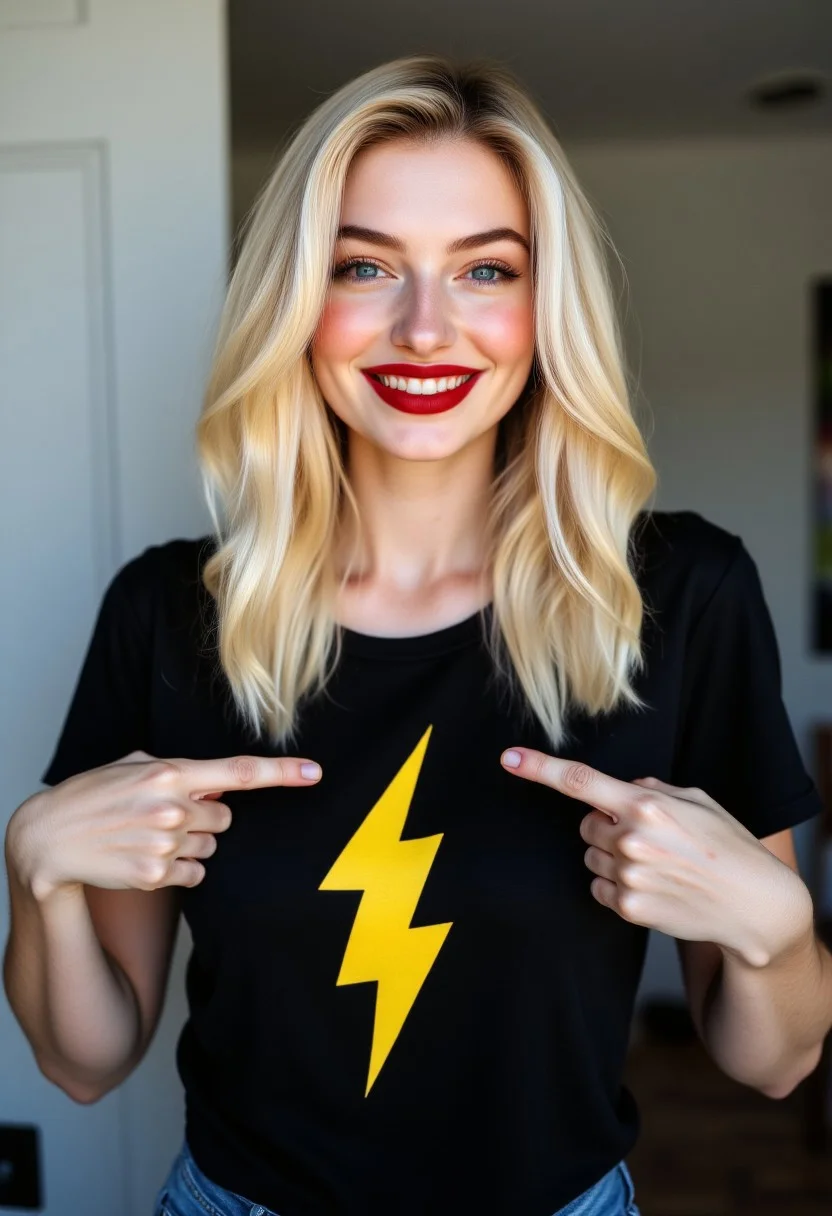 FictionalSharron, blonde hair,blue eyes,red lips.
Wearing a black tshirt with a yellow lightningbolt symbol on it. Pointing to her chest with both fingers. smiling. text on screen "I need my buzzy buzz buzz"