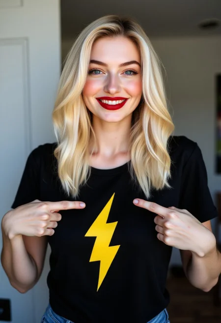 FictionalSharron, blonde hair,blue eyes,red lips.
Wearing a black tshirt with a yellow lightningbolt symbol on it. Pointing to her chest with both fingers. smiling. text on screen "I need my buzzy buzz buzz"