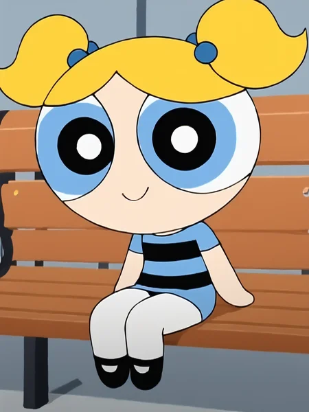 score_9, score_8_up, score_7_up, score_6_up, BREAK, PowBubbl3s, 1girl, solo, chibi, blonde hair, twintails, blue shirt, striped shirt , white pantyhose, black footwear, smile, bench, sitting on a bench, looking at viewer<lora:Bubbles:1>