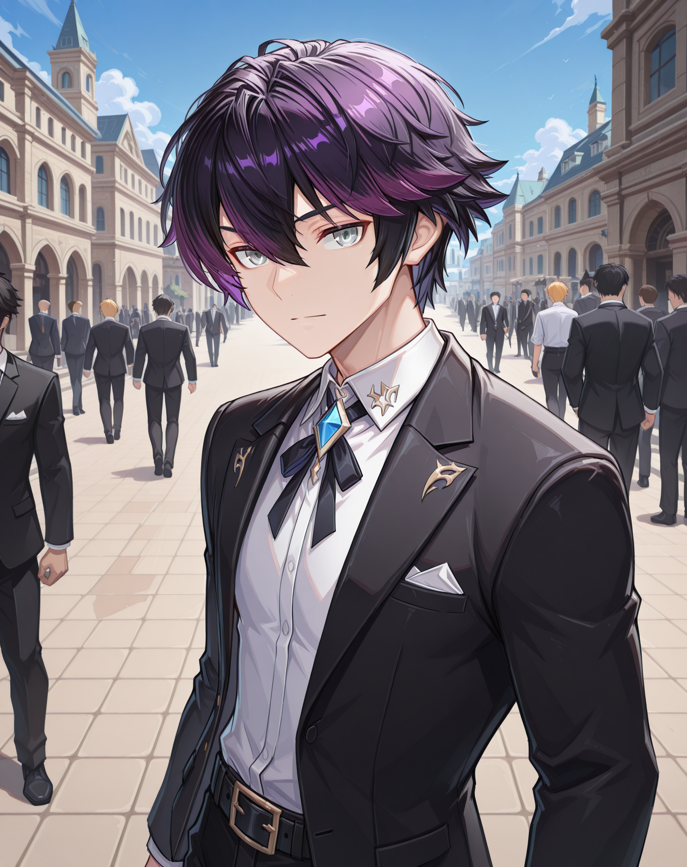 masterpiece,best quality,amazing quality, newest, very aesthetic, absurdres,
1boy, solo, yaoi, male focus, looking at viewer, cowboy shot, standing,
 <lora:Sieghart_T_Default_ilxl:1> siegtdefault, black hair, multicolored hair, purple hair,hair between eyes, short hair, grey eyes,
formal, tuxedo, neck ribbon, white shirt, collared shirt, black pants, shoes, black footwear, suit jacket, black jacket,
outdoors, day, blue sky, building, people,