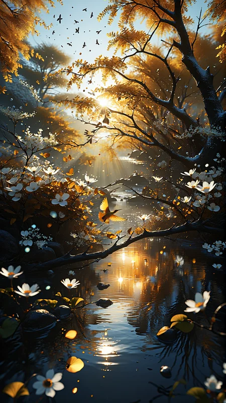 low angel, golden colors,In a surreal golden forest the rising sun glow upon the scene. A beam of light pierces through the dense foliage illuminating a crystal clear babbling brook. Golden butterflies dance among the white blossoms that bloom upon the trees their delicate petals gently swaying in the breeze. In the backgroundi the sky is a deep blue hue dotted with stars. The air is serene and the sound of birds chirping fills the morning air,
vibrant, beautiful, translucent, intricate, detailed,
many details, extreme detailed, full of details,
Wide range of colors., Dramatic,Dynamic,Cinematic,Sharp details
Insane quality. Insane resolution. Insane details. Masterpiece. 32k resolution.
<lora:add-detail-xl:0.9> dvr-lnds-sdxl <lora:MJ52:0.5> <lora:zavy-cntrst-sdxl:0.4> <lora:zavy-rmlght-sdxl:0.4>