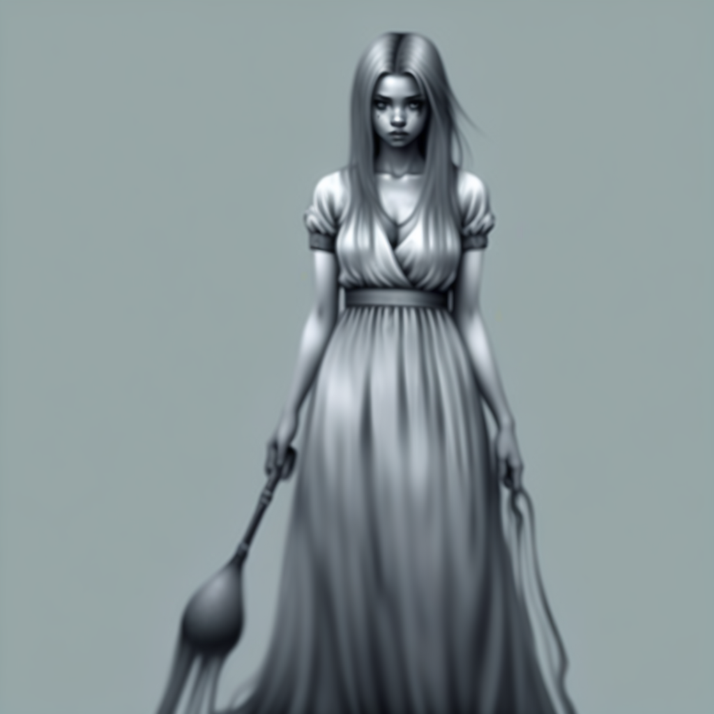 spot color, dress, traditional media, 1girl, monochrome, blood, greyscale