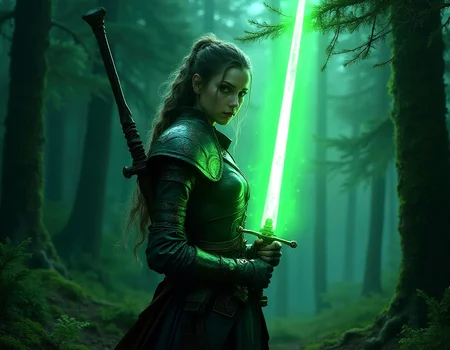 realistic female warrior, glowing green sword, dark enchanted forest, wind blowing leaves, intense gaze, highly detailed glowing armor, photorealistic fantasy setting,
Standing with the sword behind the back, both hands gripping the hilt, intense concentration,
Clusters of tall, straight pine trees with needles carpeting the ground, Moss-draped branches hanging low, Strong backlighting creates a dark outline of the subject against a bright background.Weathered, peeling textures, adding an aged, distressed look.Predominantly dark tones with strong shadows, creating a moody atmosphere.Complex, repeating shapes that extend infinitely, often with a mathematical aesthetic.