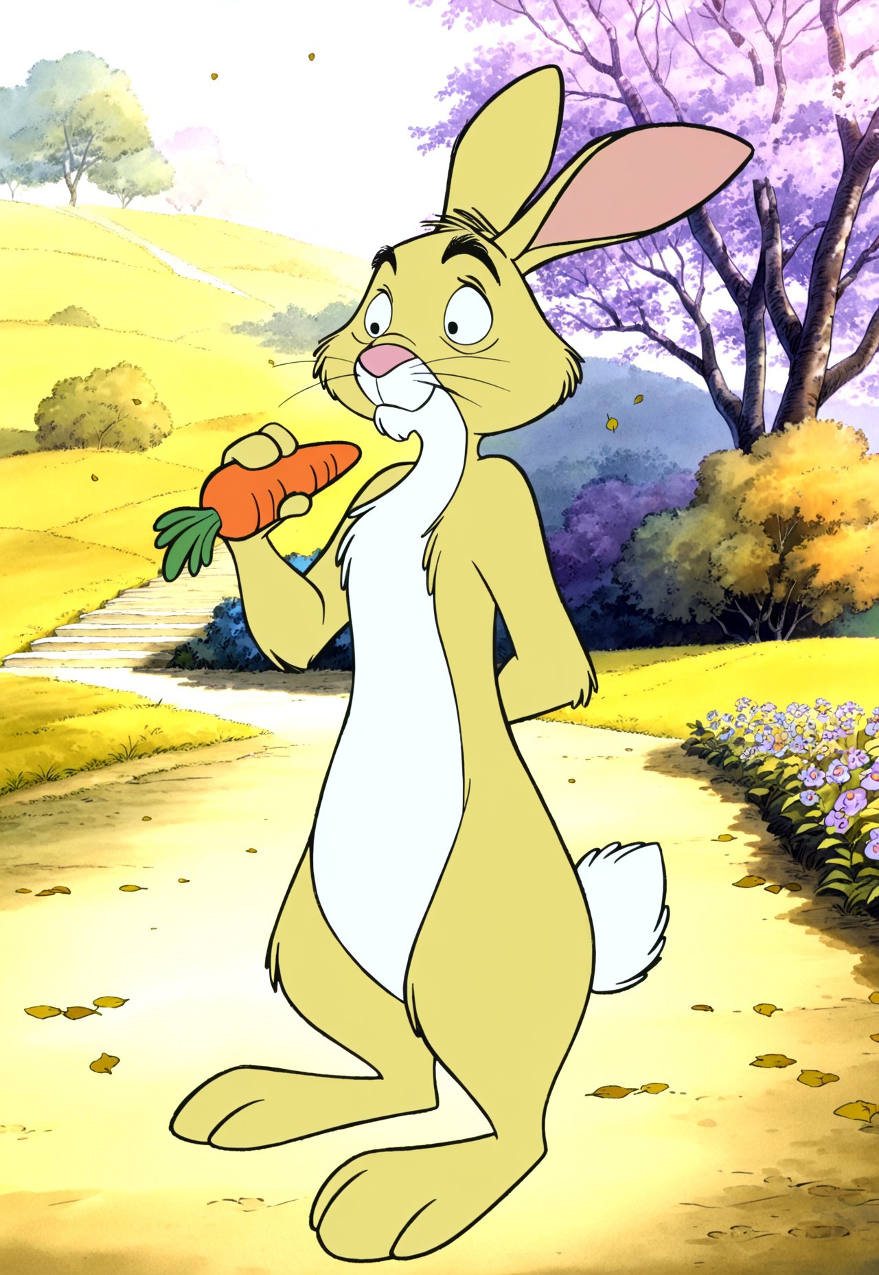 masterpiece, absurdres, highres, (anime screencap:2, anime coloring:2), official art, accurate art style, very aesthetic, flat colors, official screencap, style parody, WinnieThePooh_Character_And_Style, TiggerMovie, The Tigger Movie, retro artstyle, 2000s \(style)\, sketchy lines:2, proper proportions, BREAK, 1boy, Rabbit, rabbit ears, snout, yellow fur, white fur, two-toned fur, holding carrot, BREAK, detailed background, outdoors, garden, carrot patch, falling leaves, trees, hills, bushes, flowers, day, BREAK, full body, cowboy shot, BREAK, vibrant colors, bloom, vignette, cinematic lighting, 75% soft lighting, 25% dark lighting