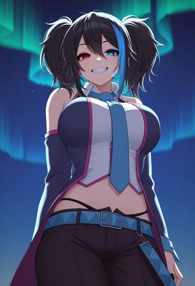 masterpiece, solo, yokune_ruko, heterochromia, grin, looking at viewer, night, from below, aurora borealis, backlight, hands behind