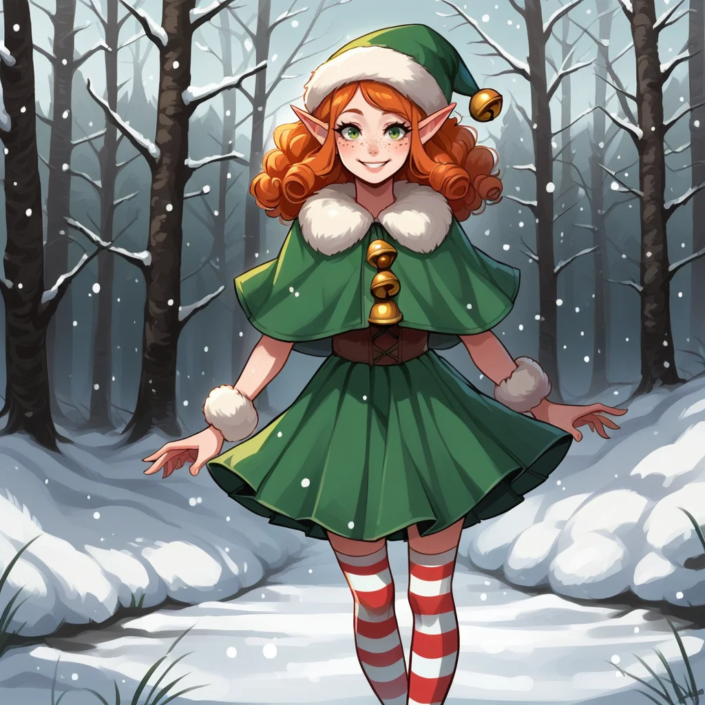 score_9, score_8_up, score_7_up, score_6_up, score_5_up, score_4_up, zPDXL2,source_anime,rating_questionable, outdoors, snow, smile, <lora:Christmas_Elf:0.7>1girl,pointy ears, pointy ears, curly hair, smile, short, orange hair , freckles, long green hat, green skirt, fur trim, bells, striped socks,