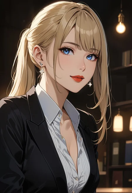 safe_pos, (anime, masterpiece, intricate:1.3), (best quality, hires textures, high detail:1.2), (4k),(incredibly detailed:1.4), perfect anatomy, correct sense of scale, side lighting, feminine body, shiny skin, graceful face, constricted waist, nice body, lips, Sexy mouth, high pointed nose, (nostrils:1.3), neatly drawn nose, 1woman, charming smile, gorgeous lips, blue eyes, blonde hair, ponytail, side bangs, medium breasts, ((piercing, two holes at the bottom of the ear, one at the top)) (best illumination, an extremely delicate and beautiful) 8k wallpaper, masterpiece, best quality, ultra-detailed, best shadow, volumetric lighting), (beautiful detailed face, beautiful detailed eyes) ,extreme details eyes, shiny skin, full body, ear piercing
intense stare, sharp and defined facial features, high cheekbones; full red lips; pale skin, wide hips, toned thighs; black dress, deep v-neck cleavage, office brothel, dim lighting