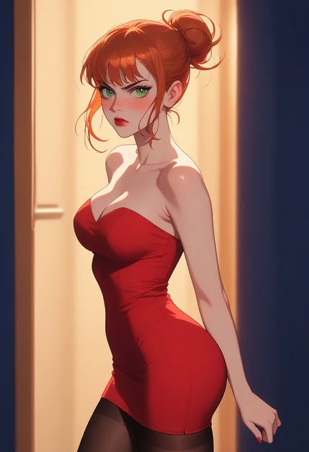 masterpiece,best quality, highly detailed, score_9, score_8_up, score_7_up, score_6_up, source_cartoon, 1woman,
BREAK
(Side view), (facing away, running),
BREAK
1woman, 21 years old, (ginger short single bun:1.2), bangs, green eyes, eye shadow, lipstick, serious, angry, freckles, blush cheeks,(wide hips, tick thighs, round butt, medium breasts:1.0),cleavage, red tube small dress, strapless, pantyhose,
BREAK
(hotel hallway scenario:1.0),
BREAK
(night time, dark:1.3), vibrant colors, soft focus, high contrast, textured surfaces, depth of field, dramatic shadows, rich details, nature-inspired color palette, playful composition,dynamic light,